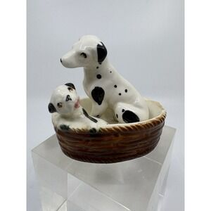 Vintage Japan Porcelain DALMATIAN Parent Dog & Puppy In A Basket 3.75" Tall